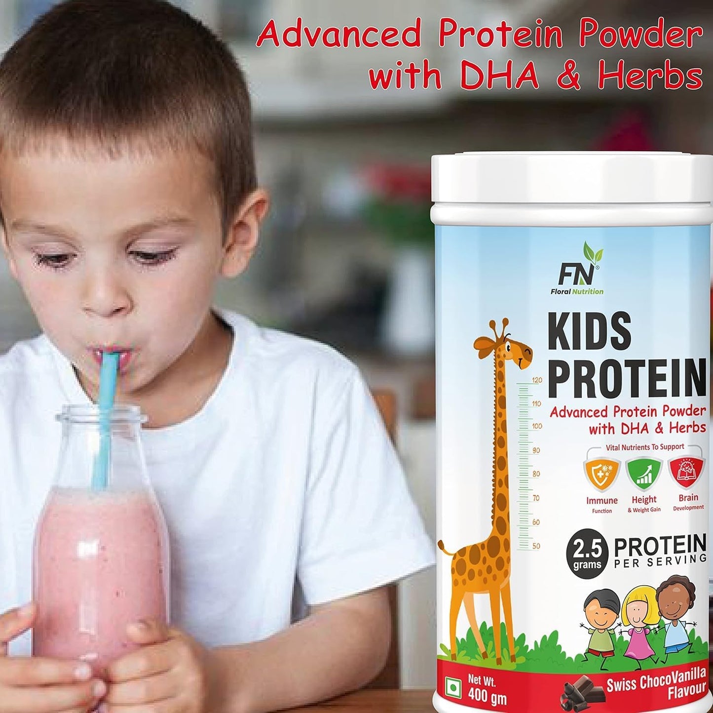 Nutritious Protein Powder for Kids with DHA and Vitamin-D for Growth and Immunity - Choco Vanilla Flavor - 400g