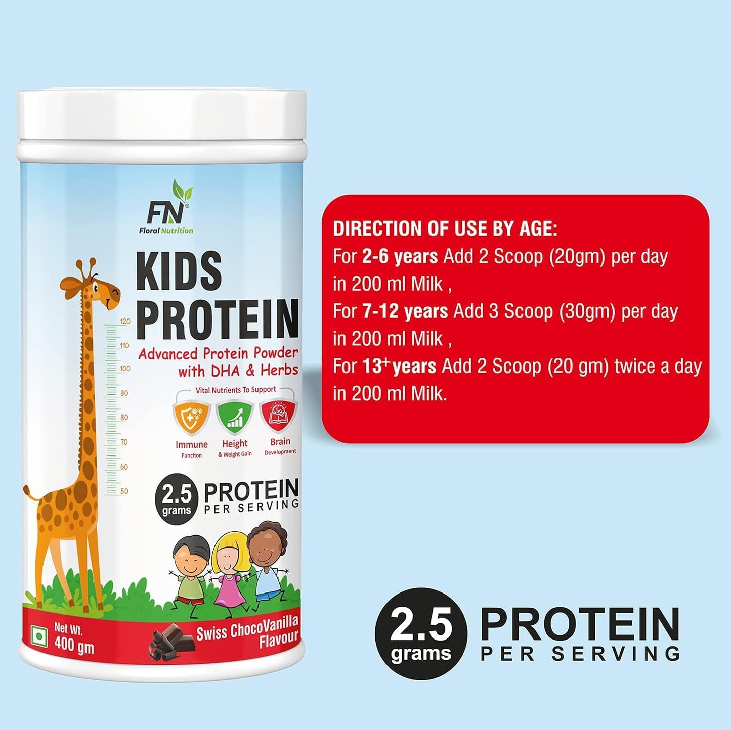 Nutritious Protein Powder for Kids with DHA and Vitamin-D for Growth and Immunity - Choco Vanilla Flavor - 400g