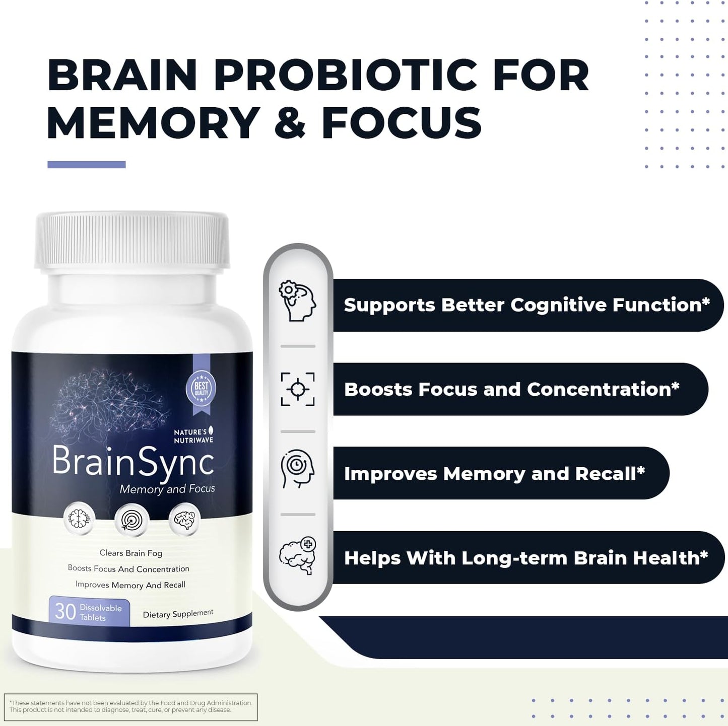 NutriWave BrainSync Probiotics: Memory, Focus & Cognitive Health - 30 Tablets