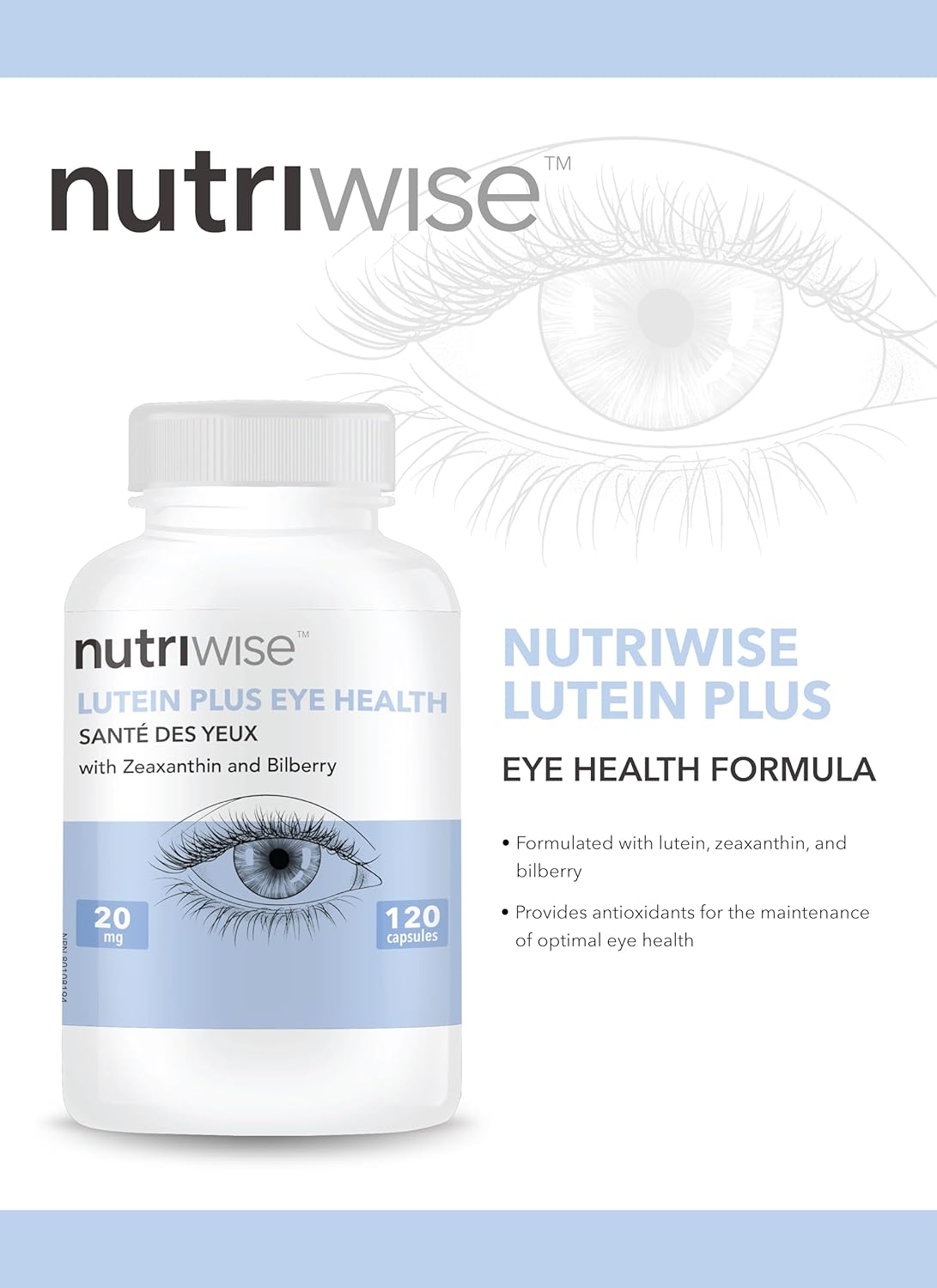 NutriWise Eye Health Antioxidant Supplement with Bilberry, Zeaxanthin, and Lutein