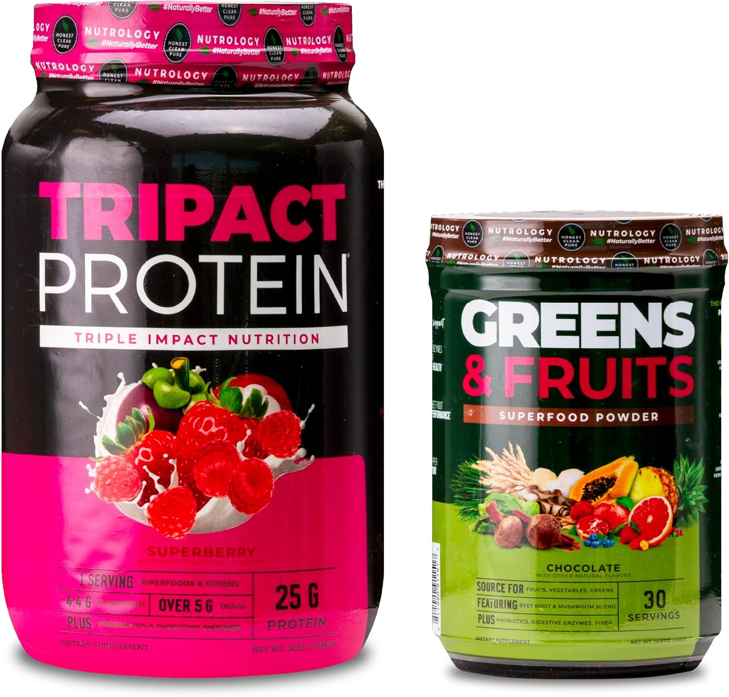 Nutrology TRIPACT Protein Powder Superfood Bundle: Superberry Meal Replacement Shake & Chocolate Greens Powder (70 Servings)