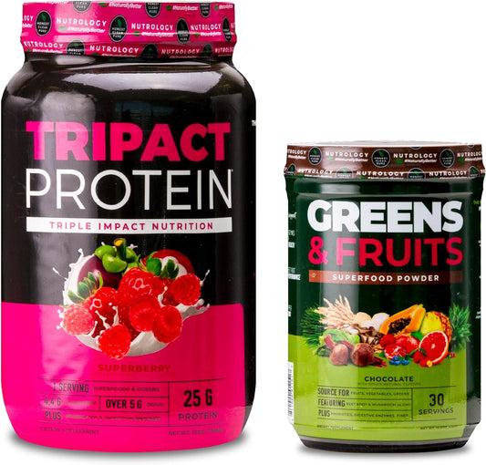 Nutrology TRIPACT Protein Powder Superfood Bundle: Superberry Meal Replacement Shake & Chocolate Greens Powder (70 Servings)
