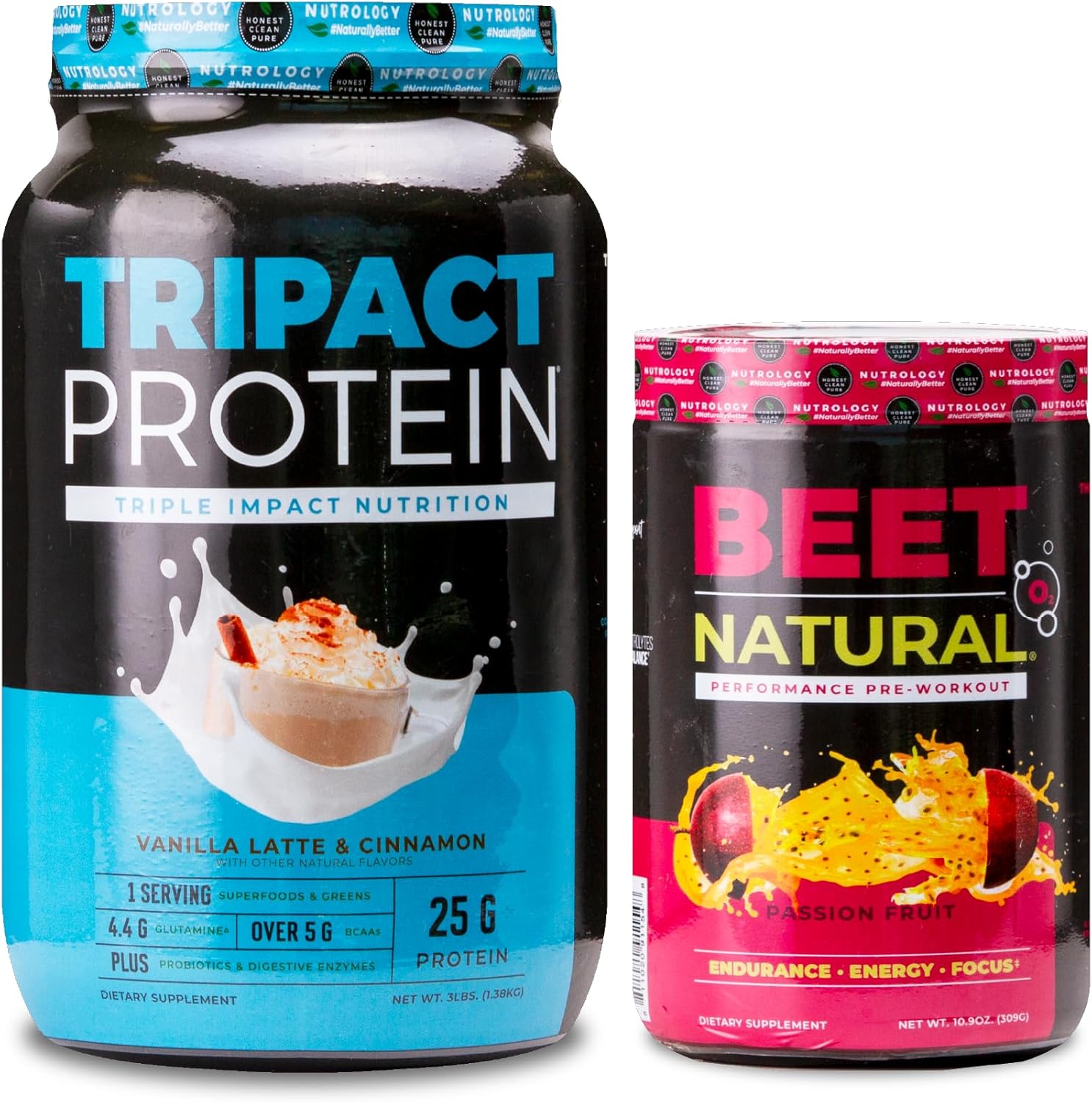 Nutrology TRIPACT Vanilla Latte Cinnamon Protein Powder & Beet Natural O2 Passion Fruit Pre Workout Bundle