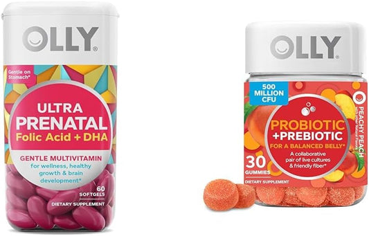 OLLY Ultra Strength Prenatal Multivitamin Softgels with Probiotic Gummy - Supports Healthy Growth, Brain Development, Digestive Health