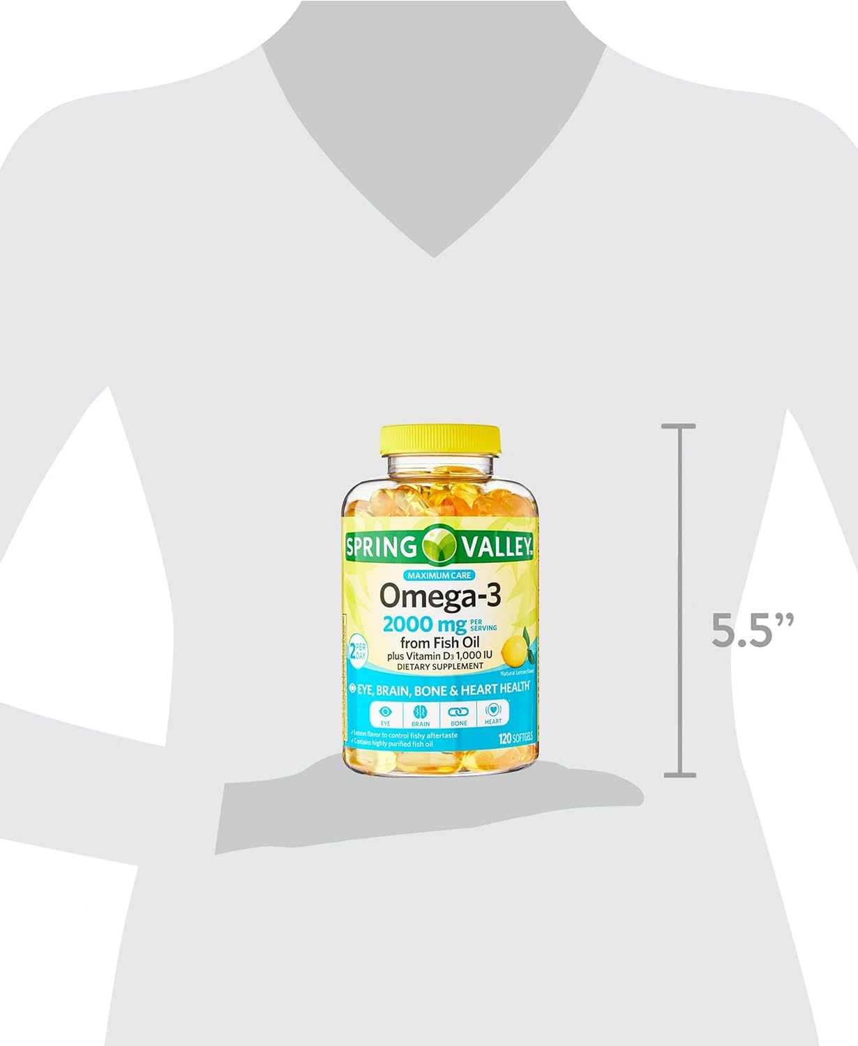 Omega 3 Fish Oil Softgels with Vitamin D3 1000 IU - 2000mg, 120 Count - Lemon Flavor - Heart Health, Eye, Brain & Bone Support