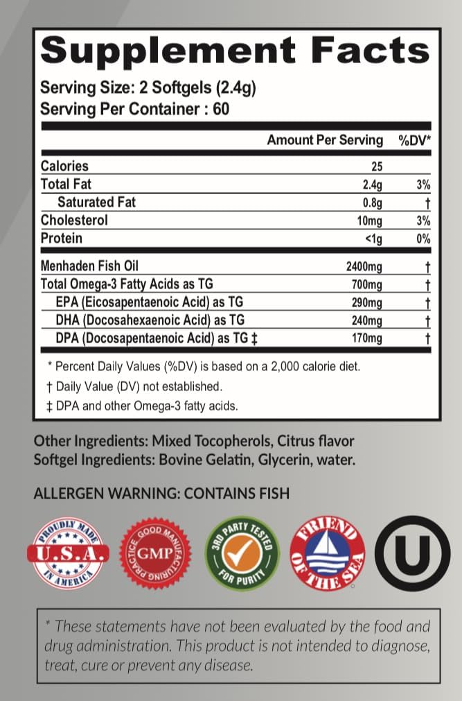 Omega 3 Fish Oil Supplement - Lab Tested, 2400mg, Burpless, Made in USA - 120 Softgels by Atlas Nutraceuticals