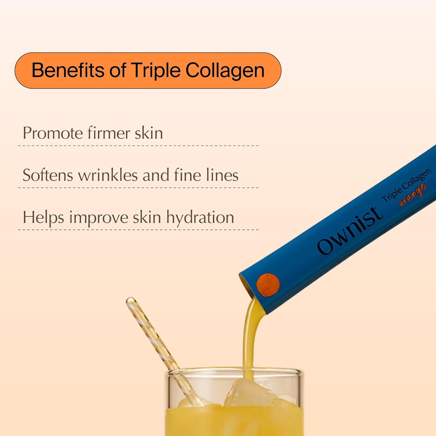 On-The-Go Triple Collagen Liquid Packets with Peptides, Marine Collagen, Elastin, Hyaluronic Acid, and Vitamins for Healthy Skin - Orange Flavor - 14 Stick Packs