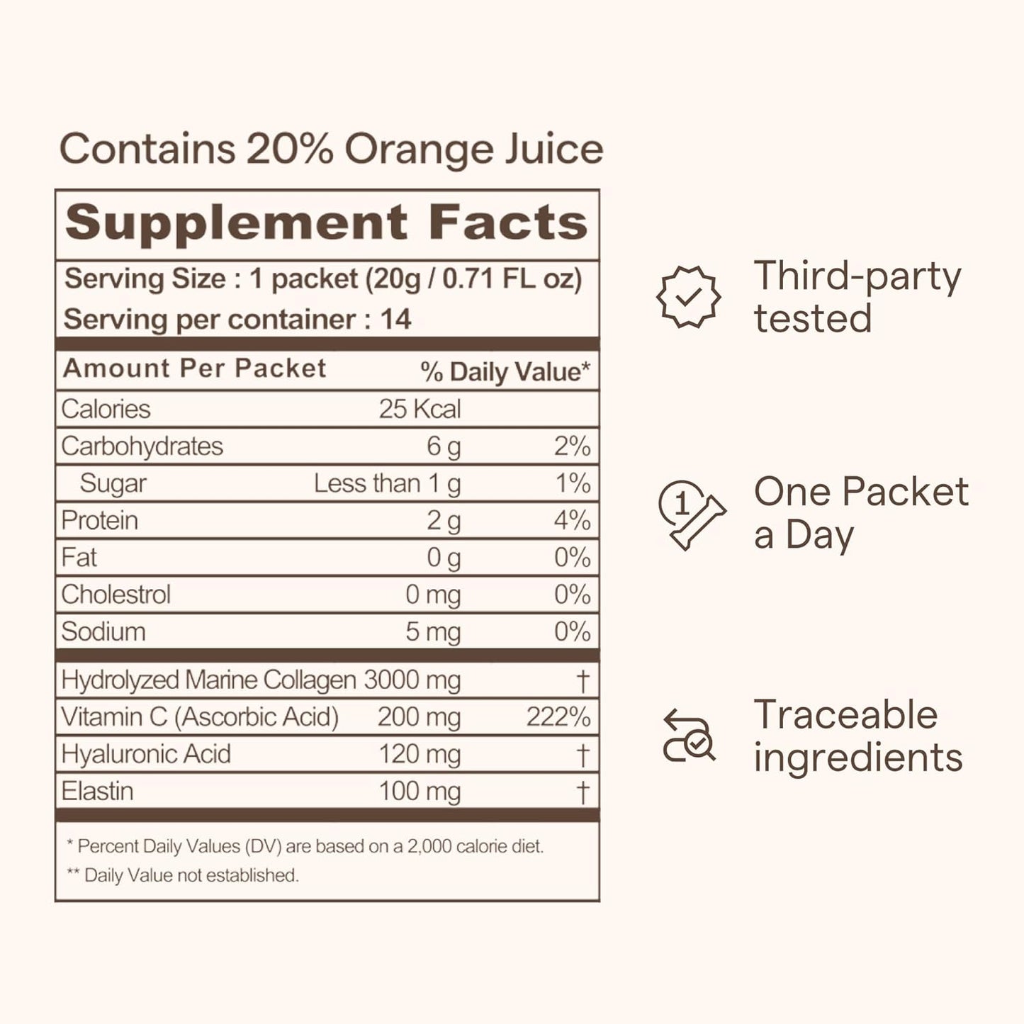 On-The-Go Triple Collagen Liquid Packets with Peptides, Marine Collagen, Elastin, Hyaluronic Acid, and Vitamins for Healthy Skin - Orange Flavor - 14 Stick Packs