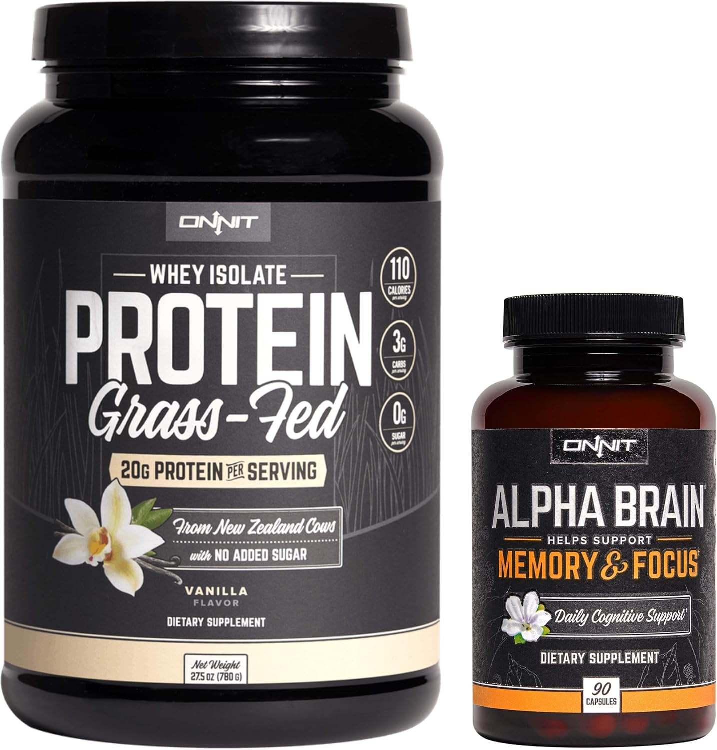 Onnit Nootropic and Sports Nutrition Bundle - Alpha Brain (90ct) and Grass Fed Vanilla Whey Protein