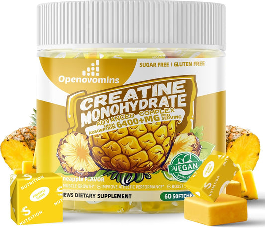 Openovomins 6400mg Creatine Monohydrate Soft Chews with L-Taurine & Vitamin B12 - Sugar Free Pineapple Supplement for Men & Women
