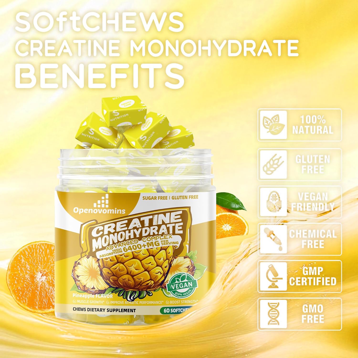 Openovomins 6400mg Creatine Monohydrate Soft Chews with L-Taurine & Vitamin B12 - Sugar Free Pineapple Supplement for Men & Women