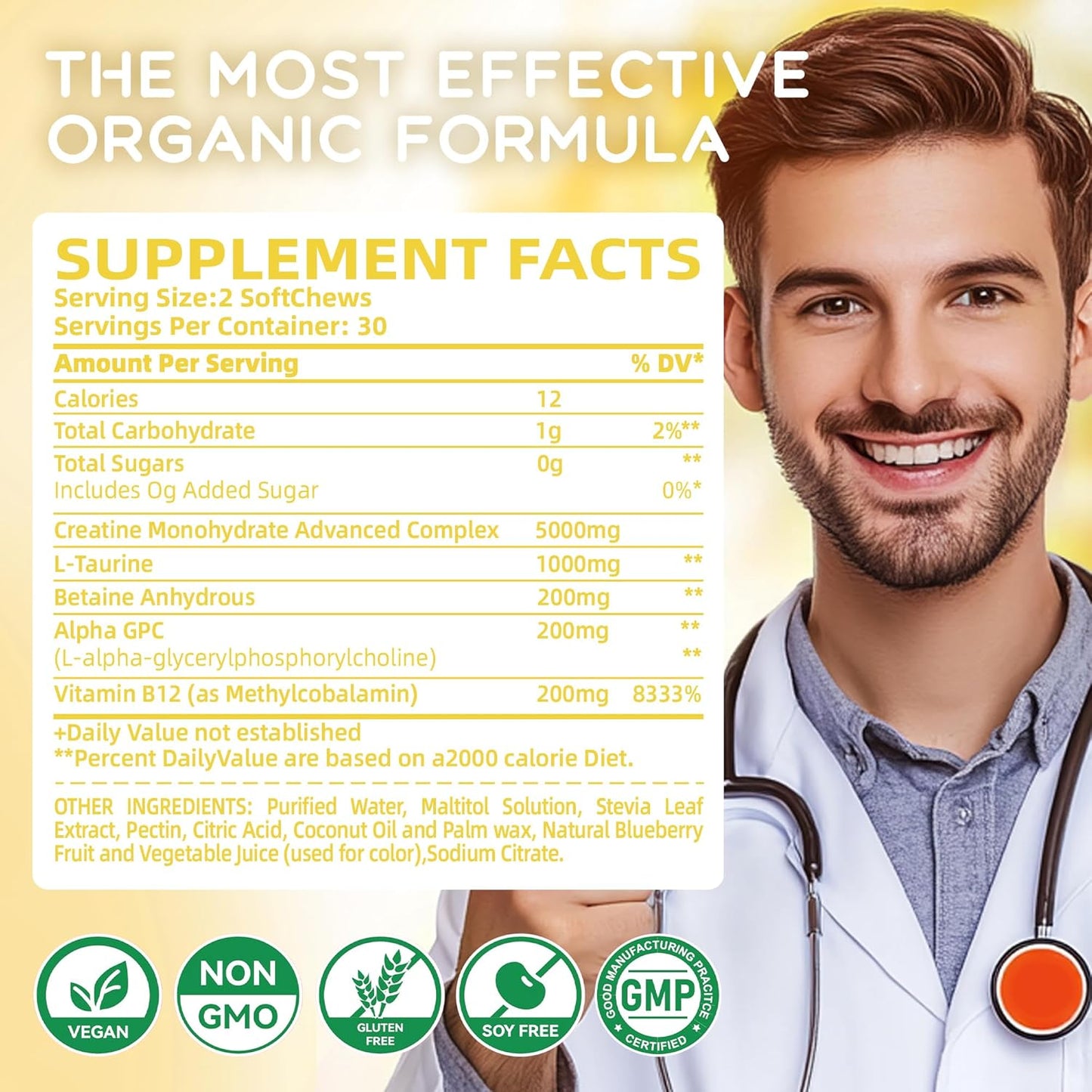 Openovomins 6400mg Creatine Monohydrate Soft Chews with L-Taurine & Vitamin B12 - Sugar Free Pineapple Supplement for Men & Women