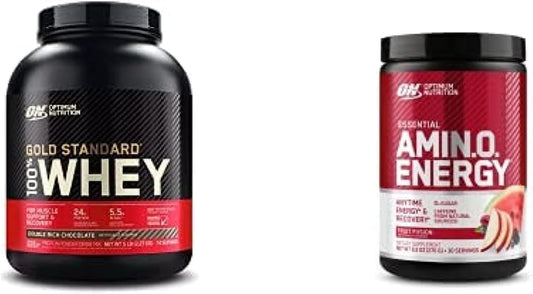 Optimum Nutrition Gold Standard Whey Protein Isolate - Double Rich Chocolate + Amino Energy Fruit Fusion - 74 Servings Protein, 30 Servings BCAA & Green Coffee Extract