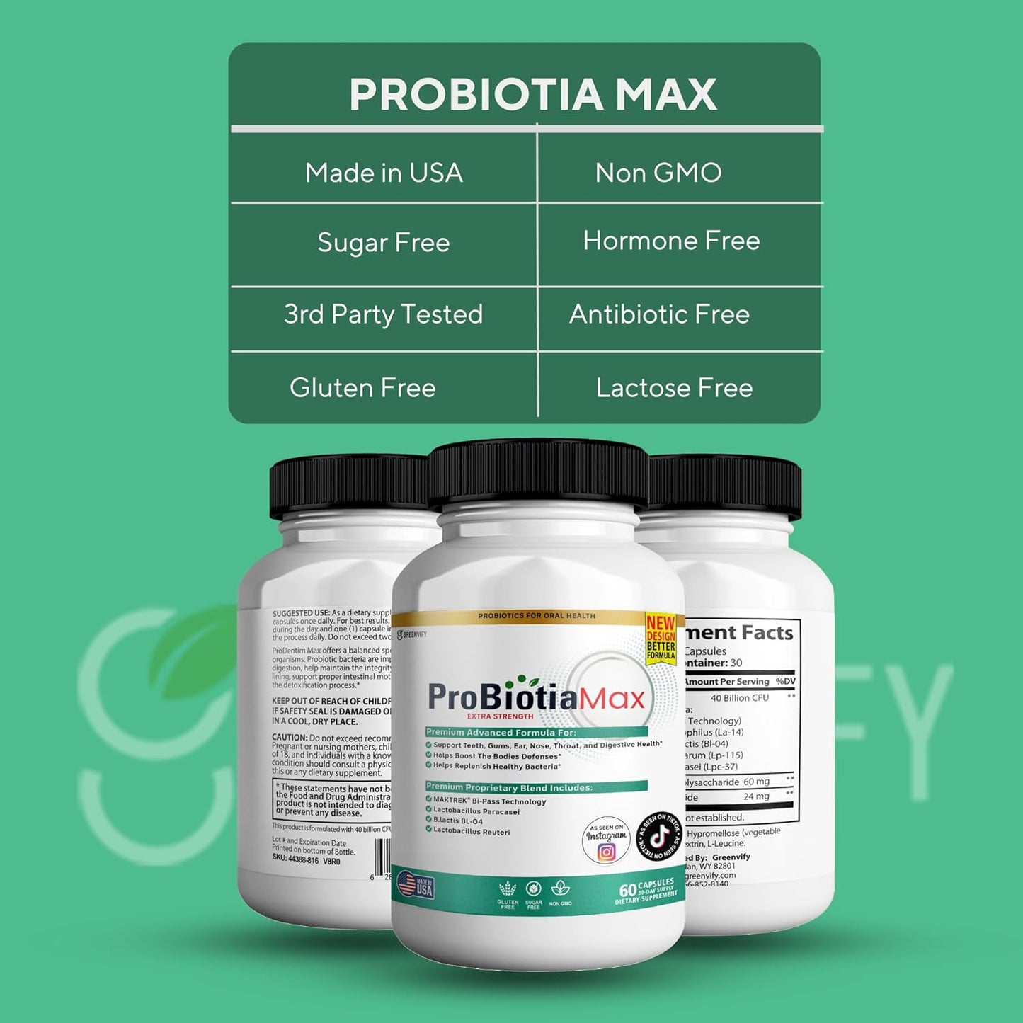 Oral Probiotic Supplement 40 Billion CFU Supports Teeth & Gum Health Gluten Free - 60 Capsules