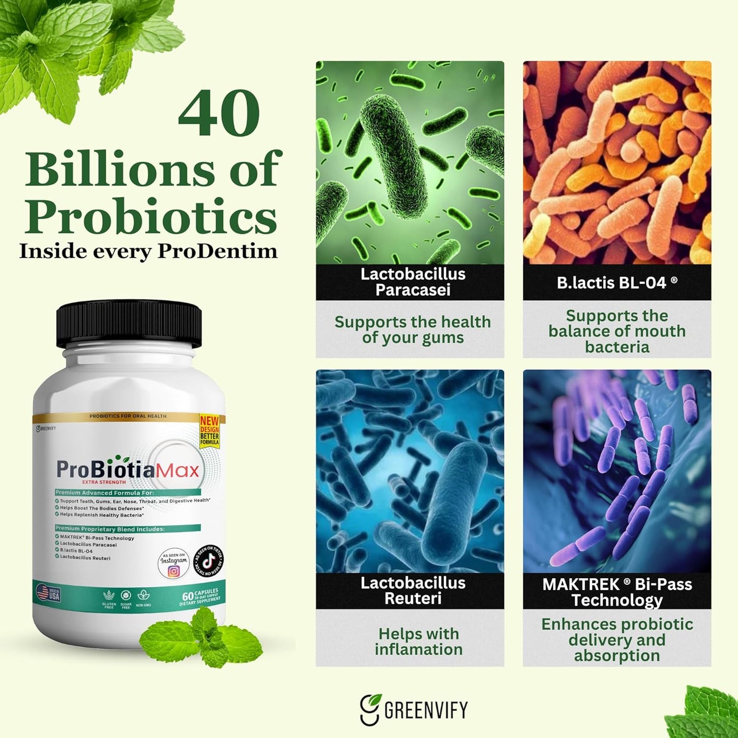 Oral Probiotic Supplement 40 Billion CFU Supports Teeth & Gum Health Gluten Free - 60 Capsules