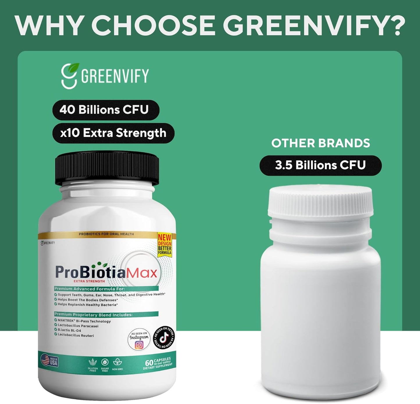 Oral Probiotic Supplement 40 Billion CFU Supports Teeth & Gum Health Gluten Free - 60 Capsules
