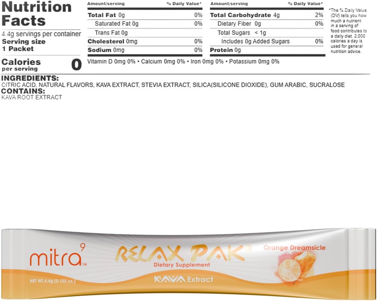 Orange Dreamsicle Kava Extract Powder Packets - Mitra9 RelaxPak for Calm & Clarity | Mood Enhancer | Plant Based Single-Serving Sticks (30)