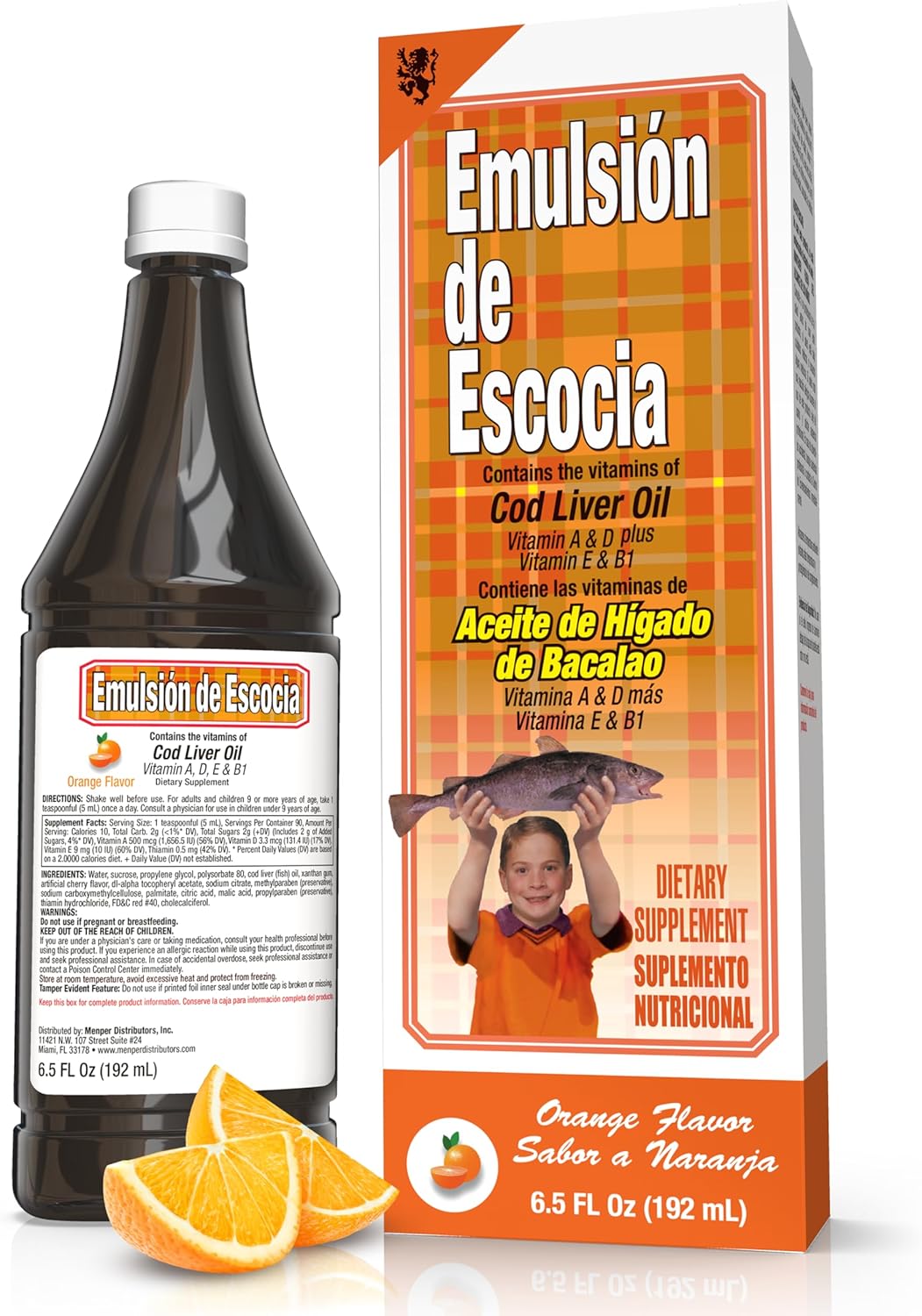 Orange Flavored Cod Liver Oil Emulsion - 6.5 fl oz (1 Pack) - Fish Oil with Vitamins A, D, E, B1, Omega-3 for Immune and Bone Health - Kids & Adults