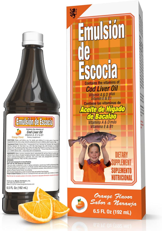 Orange Flavored Cod Liver Oil Emulsion - 6.5 fl oz (1 Pack) - Fish Oil with Vitamins A, D, E, B1, Omega-3 for Immune and Bone Health - Kids & Adults