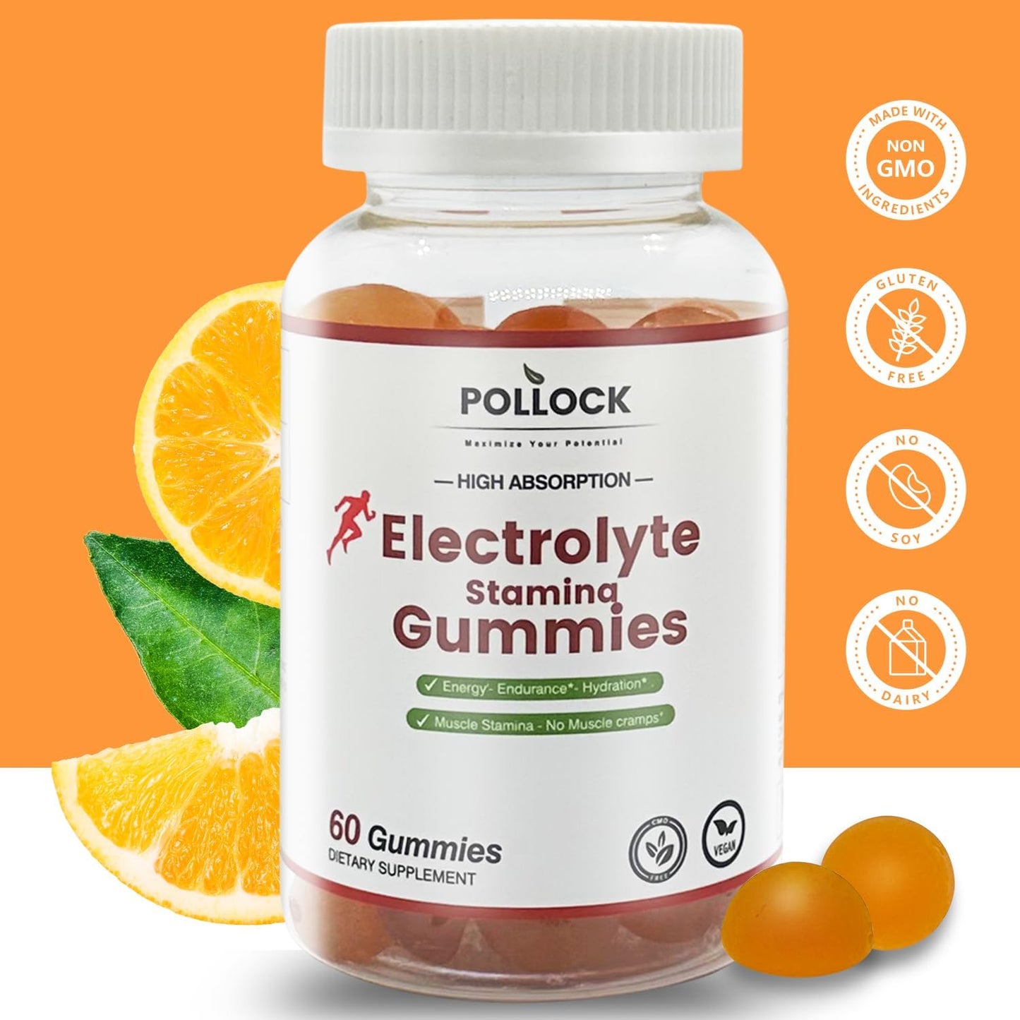 Orange Flavored POLLOCK Electrolyte Gummies - 60 Count for Enhanced Endurance & Muscle Cramp Prevention, 2 Gummies per Serving