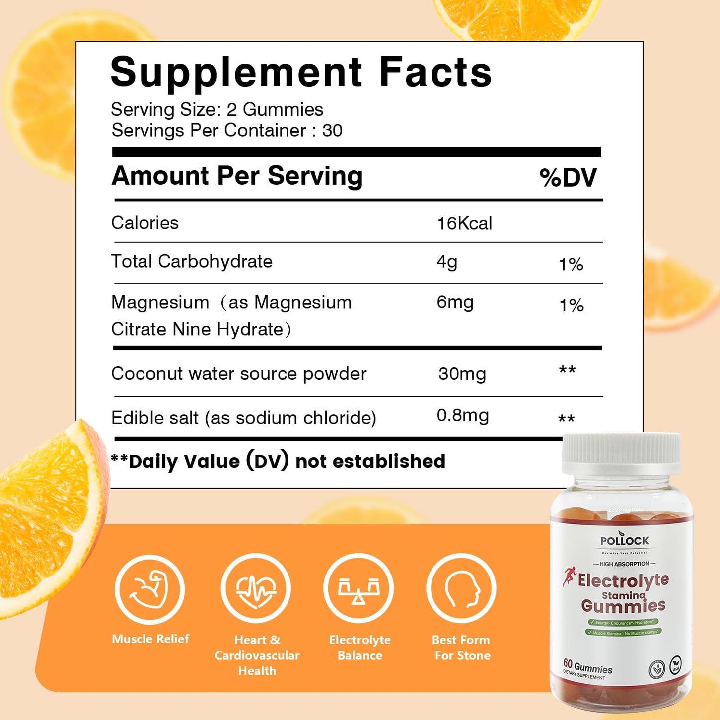 Orange Flavored POLLOCK Electrolyte Gummies - 60 Count for Enhanced Endurance & Muscle Cramp Prevention, 2 Gummies per Serving