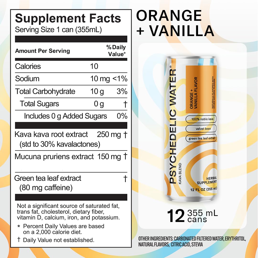 Orange Vanilla Psychedelic Water: Mood-Enhancing Kava Relaxation Drink with Mucuna Pruriens, Stevia, Gluten-Free, Low Calorie, Non-Alcoholic Adaptogen Mocktails - 12 Pack