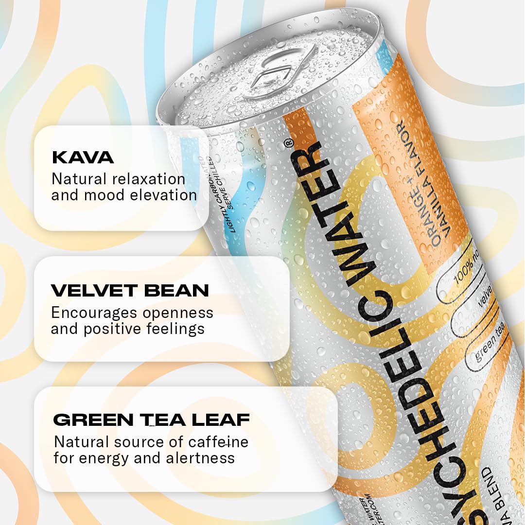 Orange Vanilla Psychedelic Water: Mood-Enhancing Kava Relaxation Drink with Mucuna Pruriens, Stevia, Gluten-Free, Low Calorie, Non-Alcoholic Adaptogen Mocktails - 12 Pack