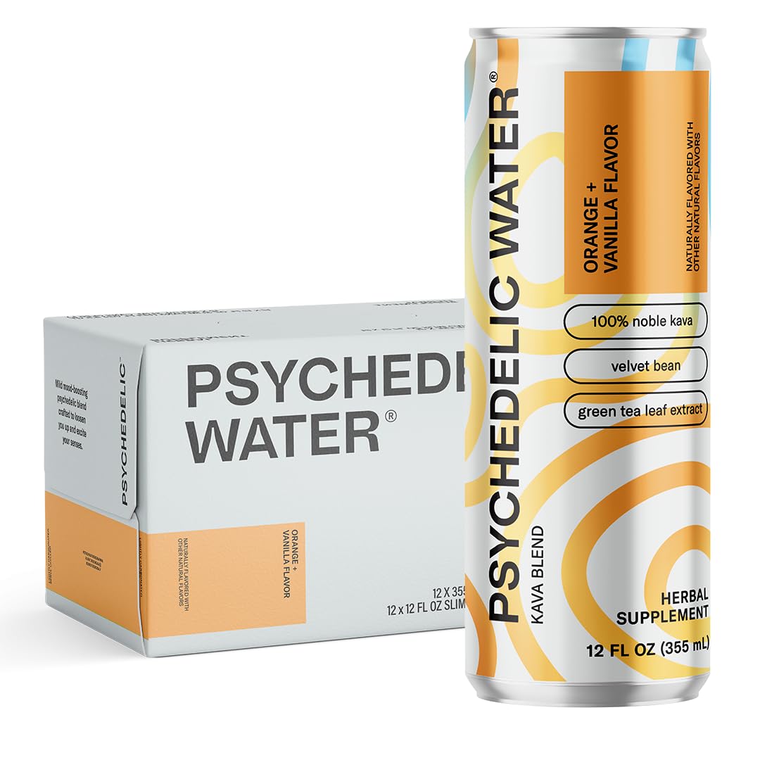 Orange Vanilla Psychedelic Water: Mood-Enhancing Kava Relaxation Drink with Mucuna Pruriens, Stevia, Gluten-Free, Low Calorie, Non-Alcoholic Adaptogen Mocktails - 12 Pack