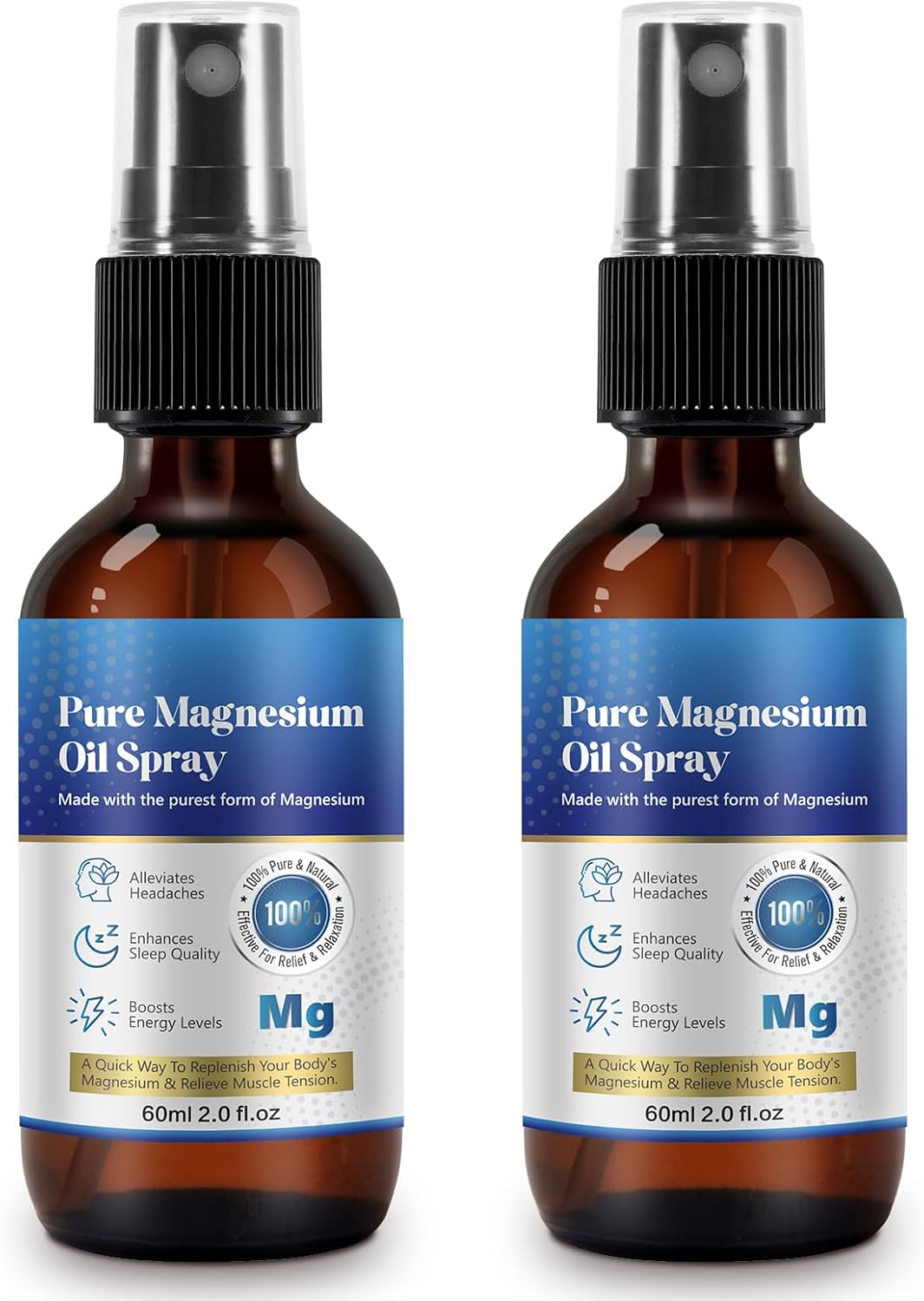 Organic 2oz Magnesium Oil Spray - High Concentration, Non-GMO & Gluten-Free - Easy Absorption - Pack of 2