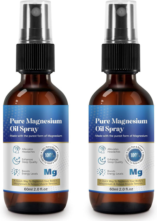Organic 2oz Magnesium Oil Spray - High Concentration, Non-GMO & Gluten-Free - Easy Absorption - Pack of 2