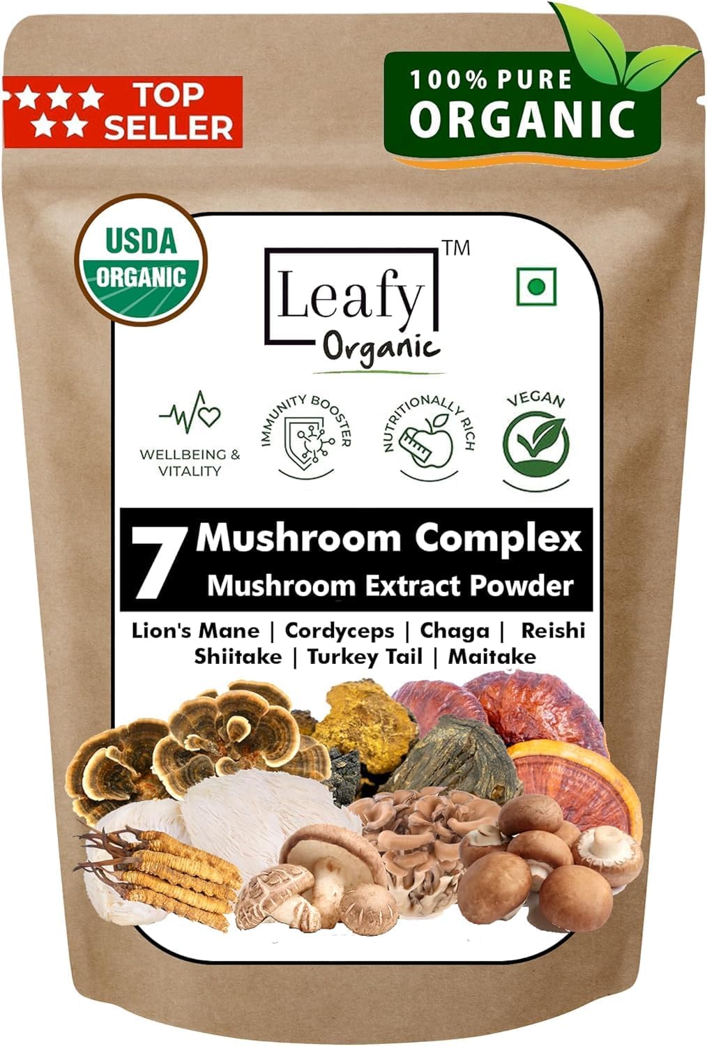Organic 7 Mushroom Extract Powder - USDA Certified - Lion's Mane, Reishi, Cordyceps, Maitake, Shiitake, Turkey Tail, Chaga - Coffee/Tea/Smoothie Supplement