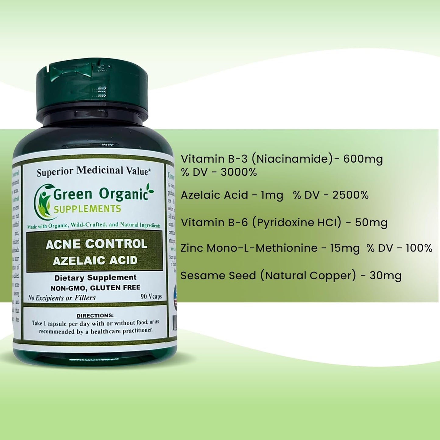 Organic Acne Supplements with Azelaic Acid, 90 VCaps, High Absorption, Non-GMO, Gluten-Free (2 Pack)