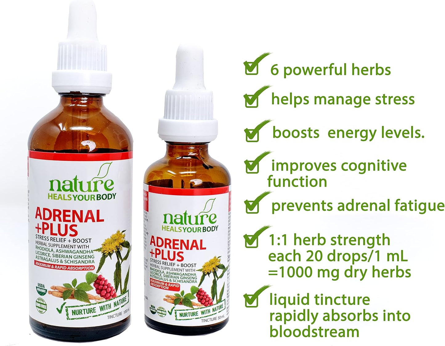 Organic Adrenal +Plus Herbal Tincture: Stress Relief & Energy Boost - Rhodiola, Ashwagandha, Astragalus, Eleuthero - 50 mL