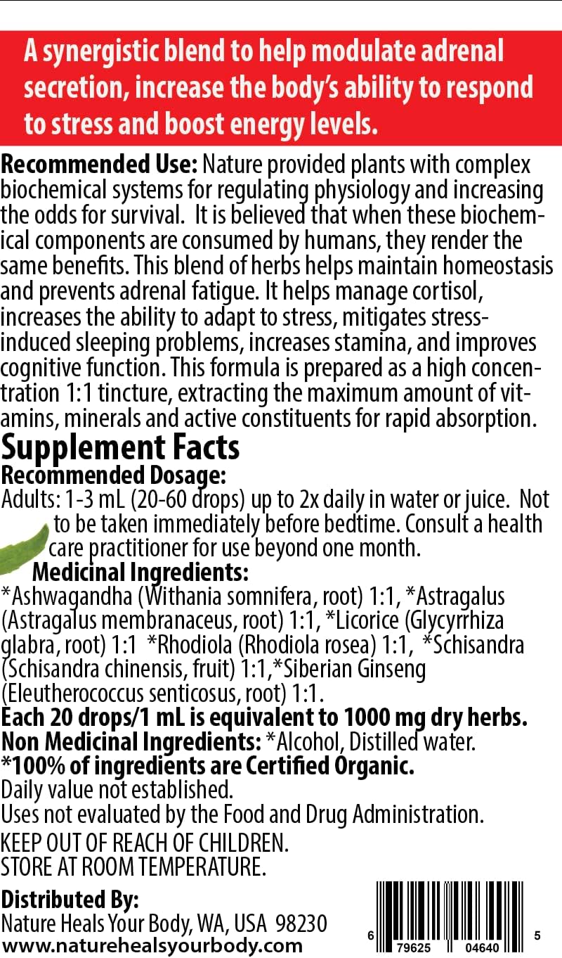 Organic Adrenal +Plus Herbal Tincture: Stress Relief & Energy Boost - Rhodiola, Ashwagandha, Astragalus, Eleuthero - 50 mL