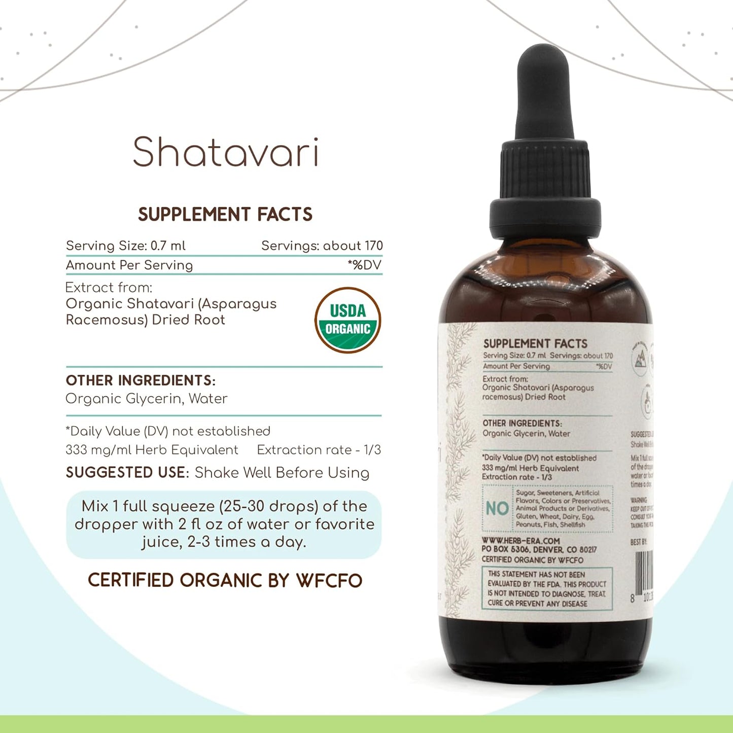 Organic Alcohol-Free Shatavari Tincture - High-Potency Herbal Drops - USDA Certified - 4 oz