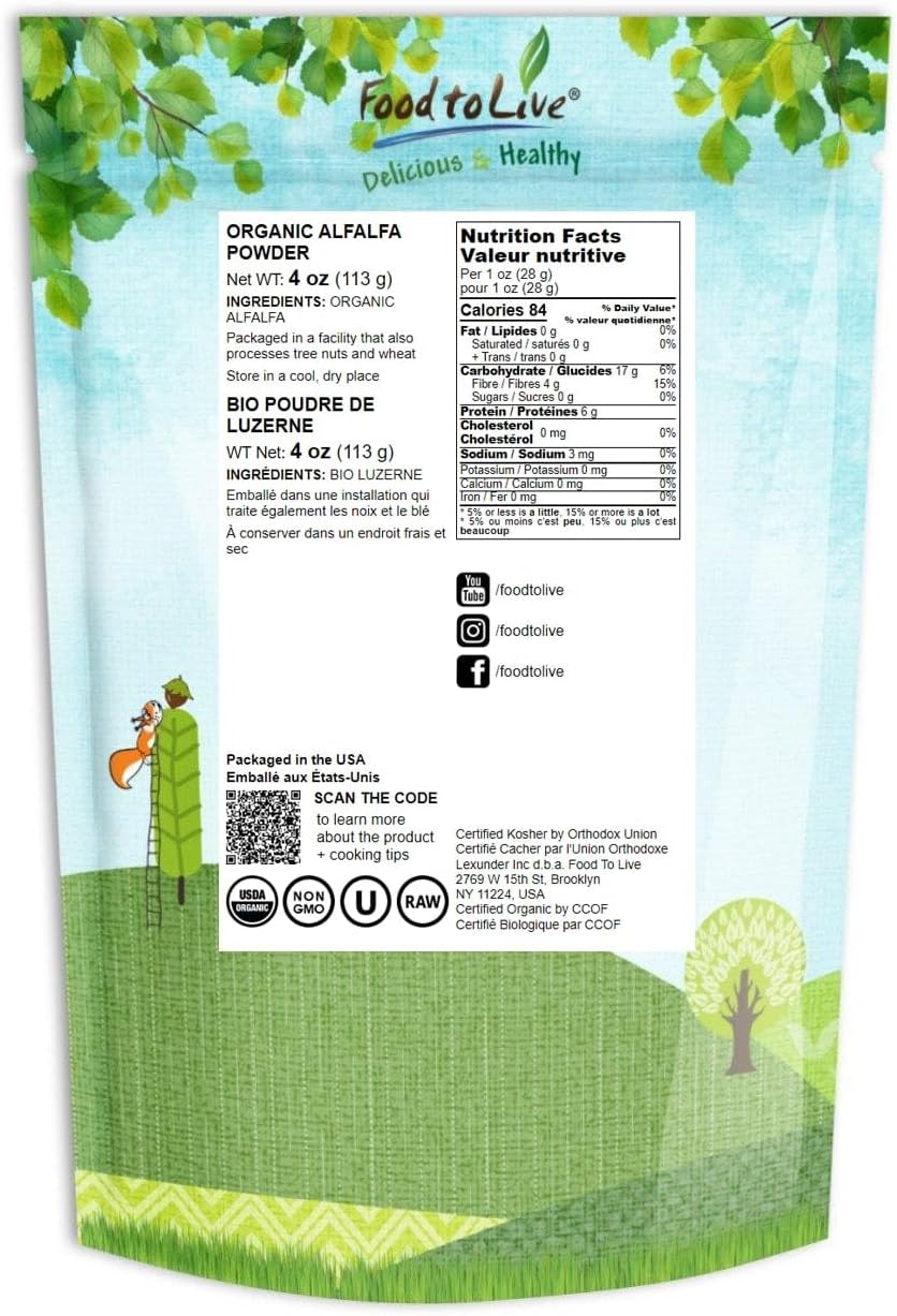 Organic Alfalfa Powder 4oz - Non-GMO Vegan Superfood for Baking, Smoothies, Tea & Drinks - Rich in Fiber & Protein