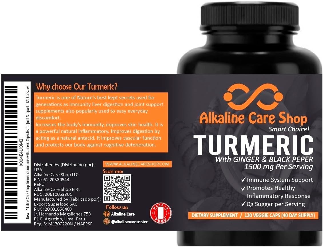 Organic Alkaline Turmeric Curcumin Supplement 1500mg with Ginger & Black Pepper | Joint & Inflammation Support | Non-GMO (120 Capsules)