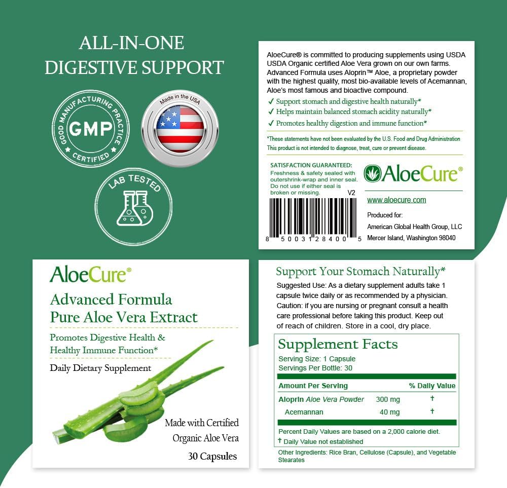 Organic Aloe Vera Capsules - 130,000mg Inner Leaf Equivalent - Gut Health & Immune Support - Stomach Acid Buffer - Aloin Free - 30 Capsules