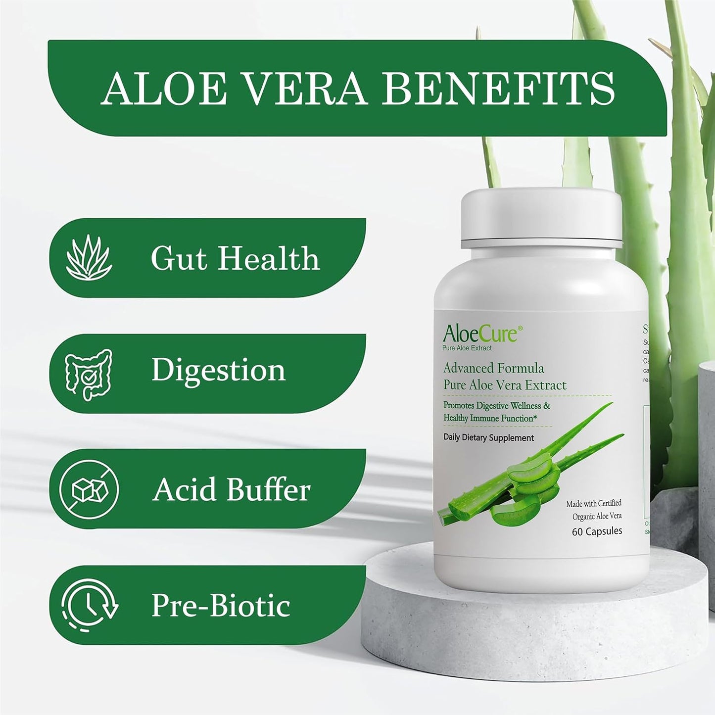 Organic Aloe Vera Capsules: 130,000mg Inner Leaf Equivelant, Gut Health Support, Stomach Acid Buffer, Immune Supplement - 60 Capsules