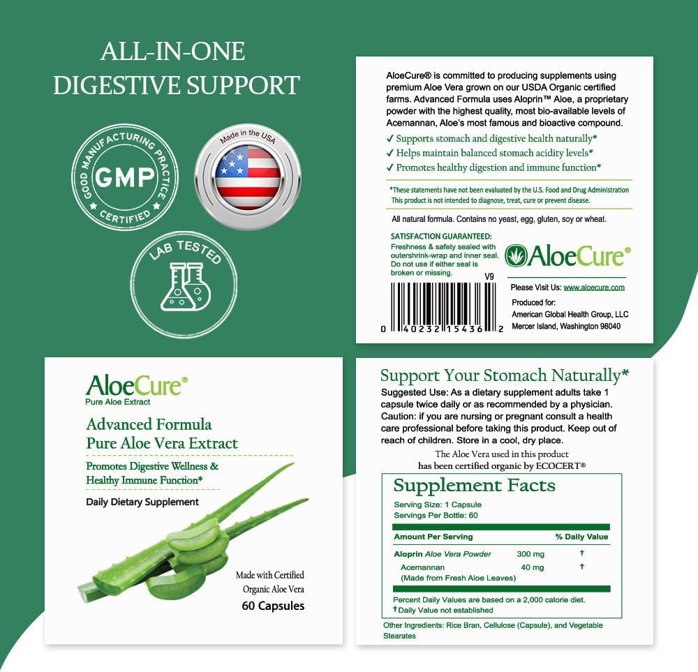 Organic Aloe Vera Capsules: 130,000mg Inner Leaf Equivelant, Gut Health Support, Stomach Acid Buffer, Immune Supplement - 60 Capsules