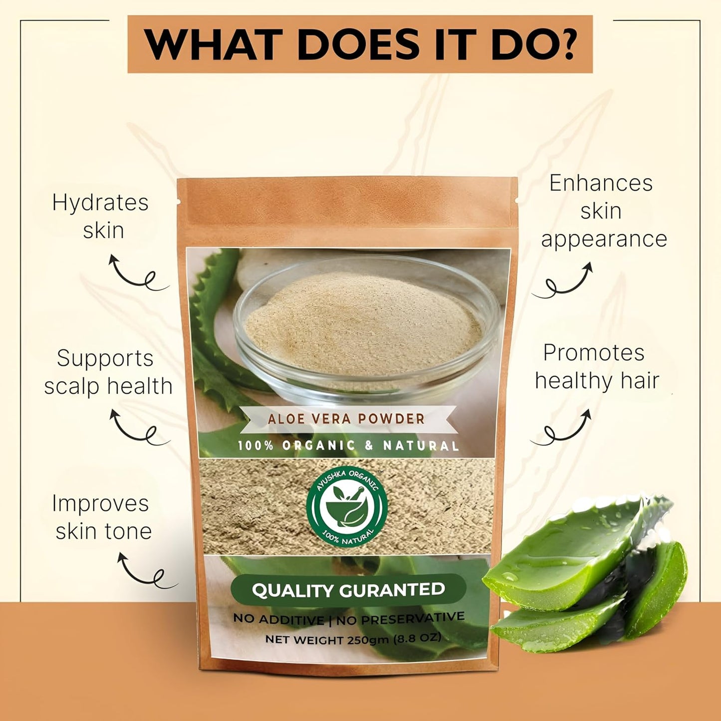 Organic Aloe Vera Powder - Hair, Skin, Natural Remedies - 100% Pure, Chemical-Free - 250Gm