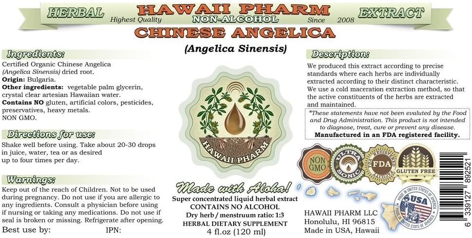 Organic Angelica Sinensis Alcohol-Free Liquid Extract 2x2 oz - Herbal Supplement by Hawaii Pharm