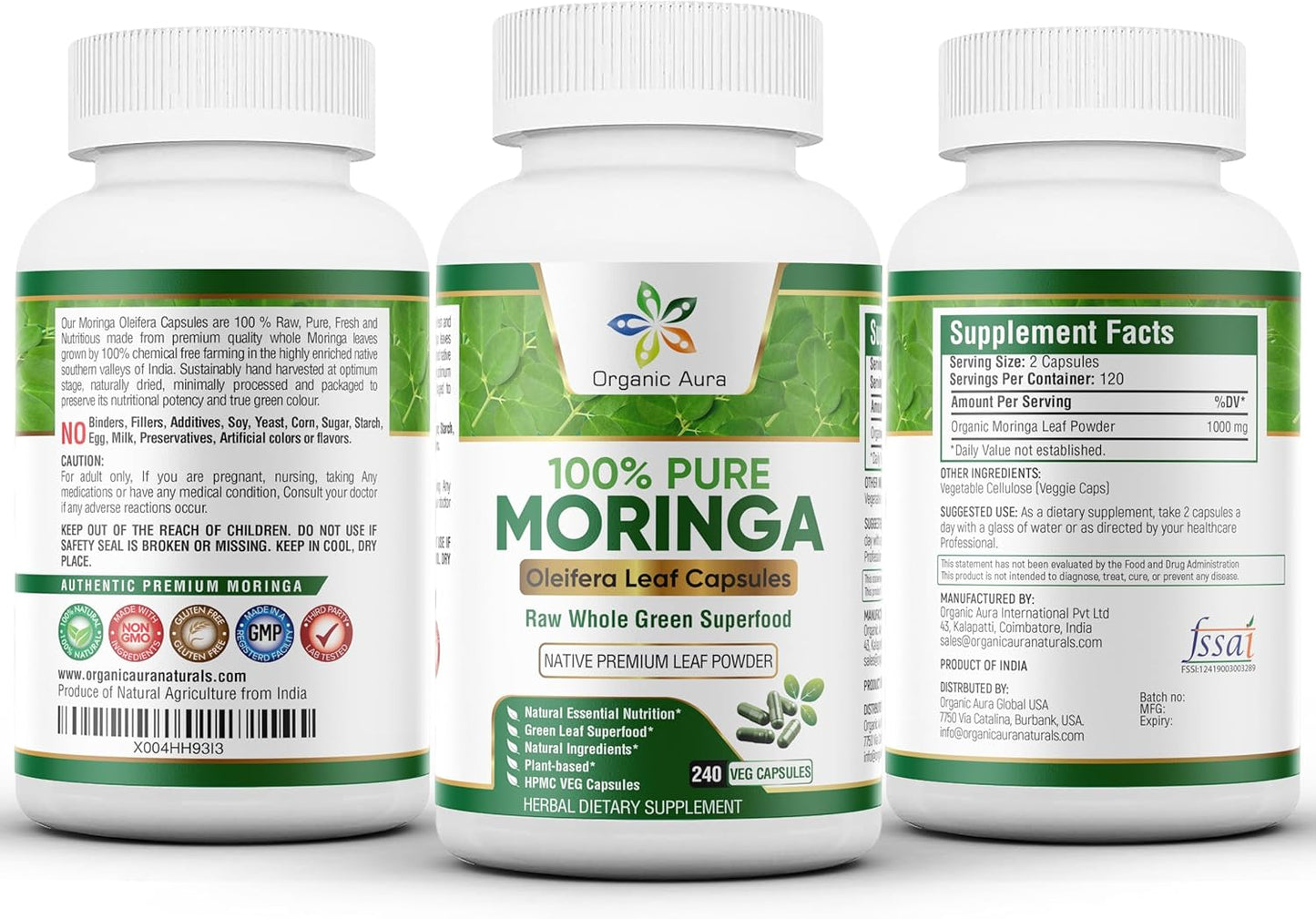 Organic Aura Moringa Capsules - 240 HPMC Veg Capsules for Metabolism, Lactation, and Immunity Support