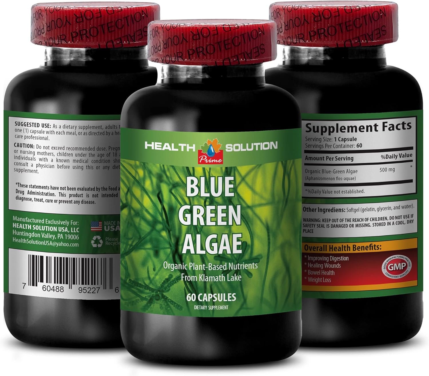 Organic Blue Green Algae Spirulina Capsules from Klamath Lake - 500MG Supplement with Chlorella Powder - 60 Capsules