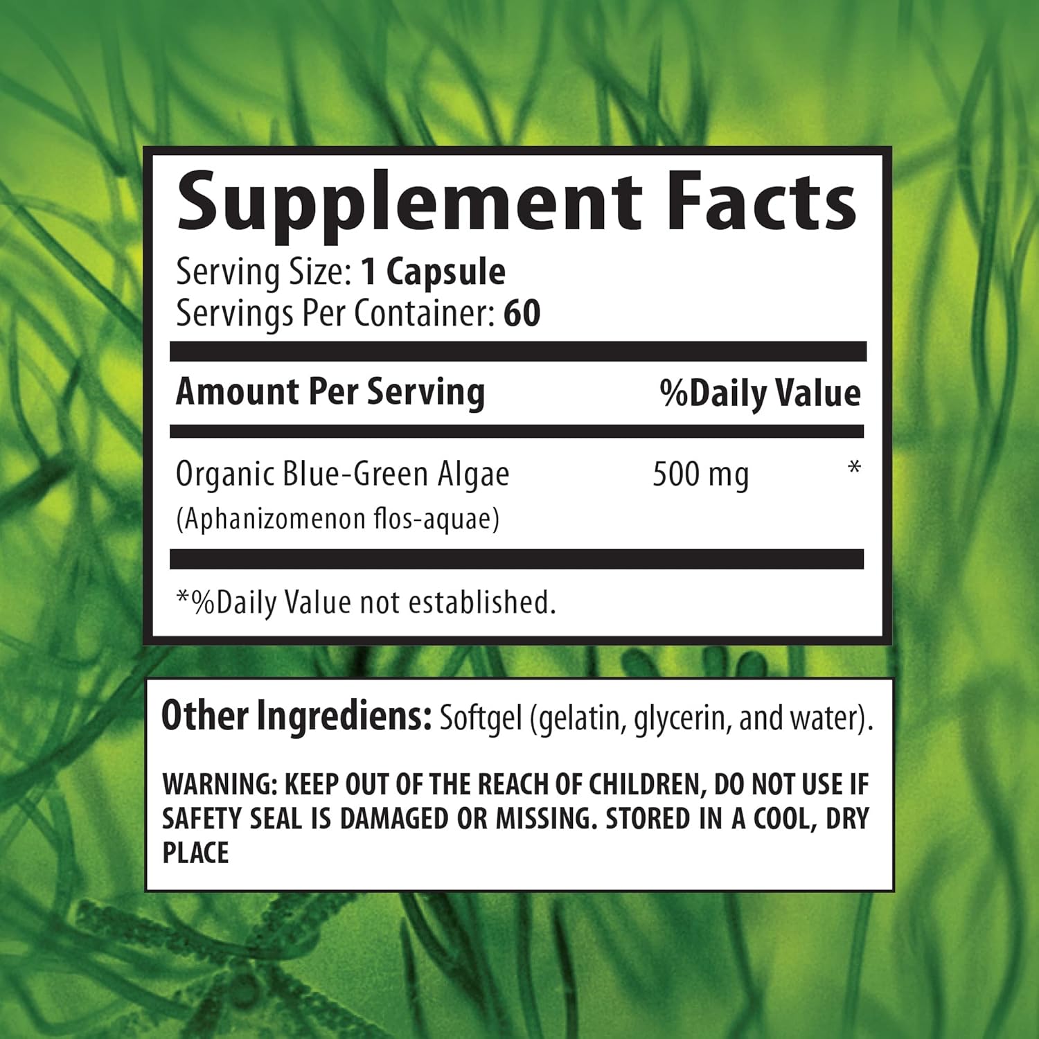 Organic Blue Green Algae Spirulina Capsules from Klamath Lake - 500MG Supplement with Chlorella Powder - 60 Capsules