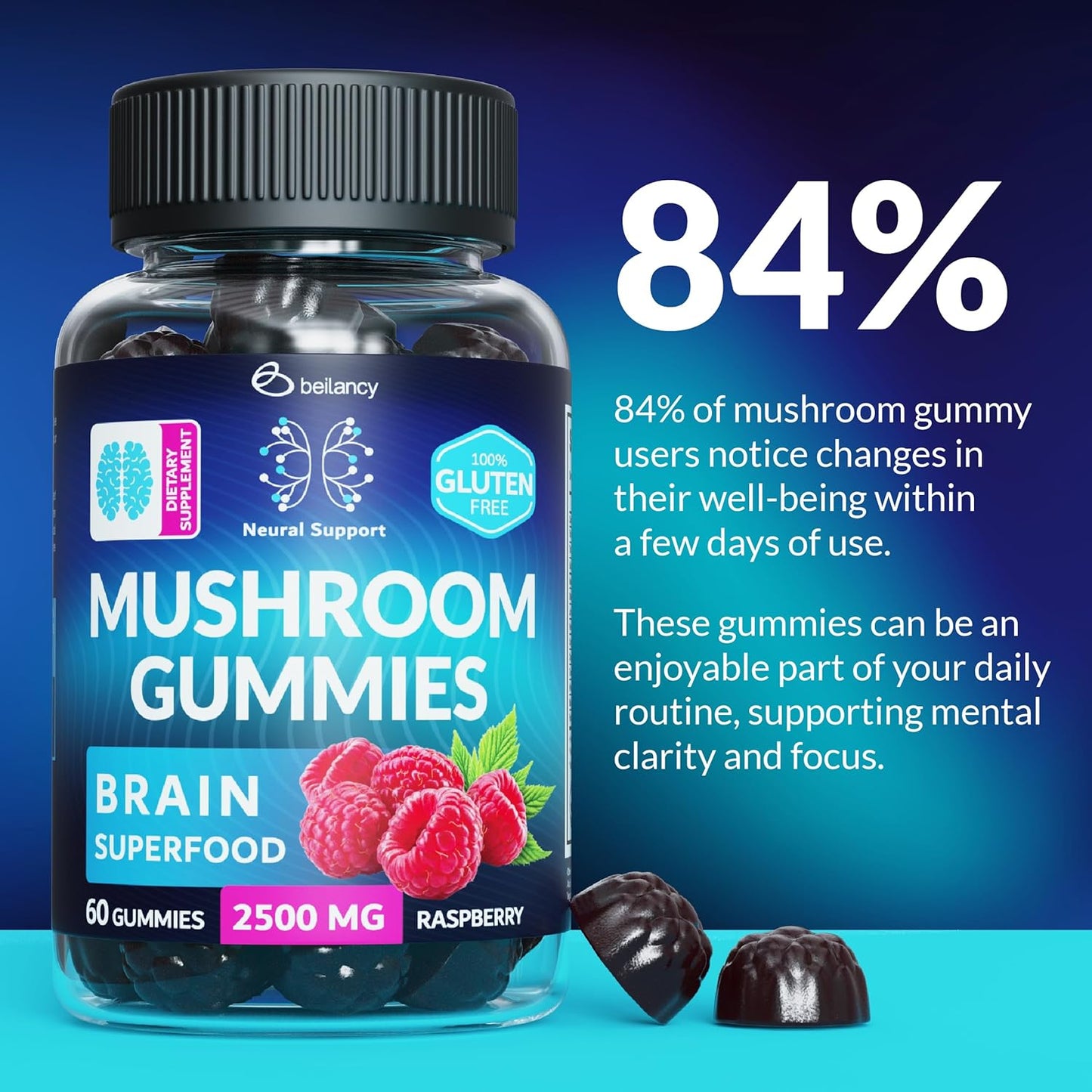 Organic Brain Boost Gummies with Lion’s Mane, Reishi, Cordyceps - Focus & Clarity Support