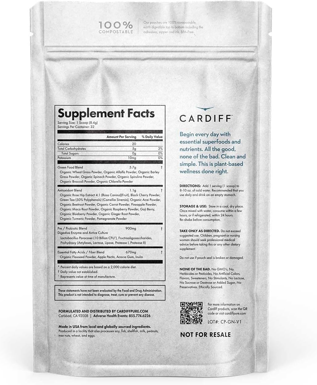 Organic Cardiff Super Greens Powder with Probiotics, Chlorella, Spirulina, and Wheat Grass - Non-GMO Superfood Supplement