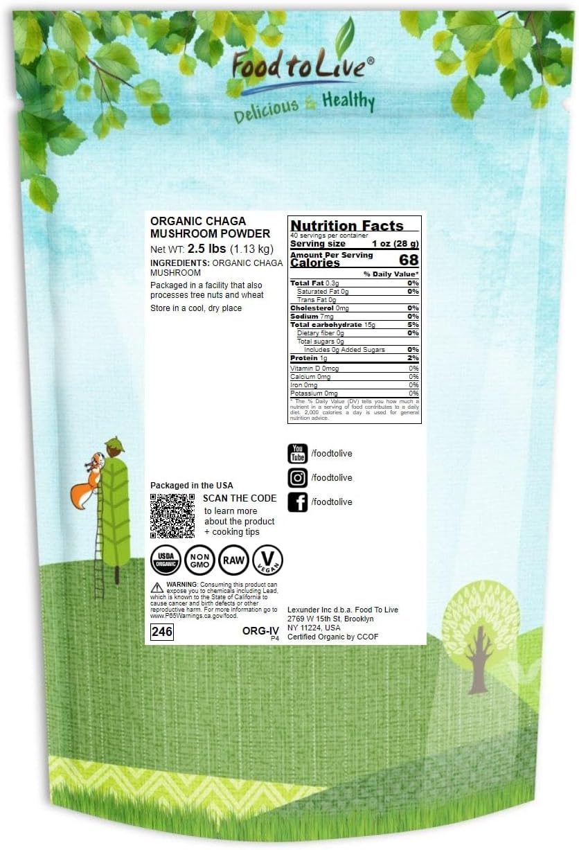 Organic Chaga Mushroom Powder 2.5 lbs - Vegan Superfood for Immunity & Wellness, Antioxidant-Rich, Non-GMO, Kosher