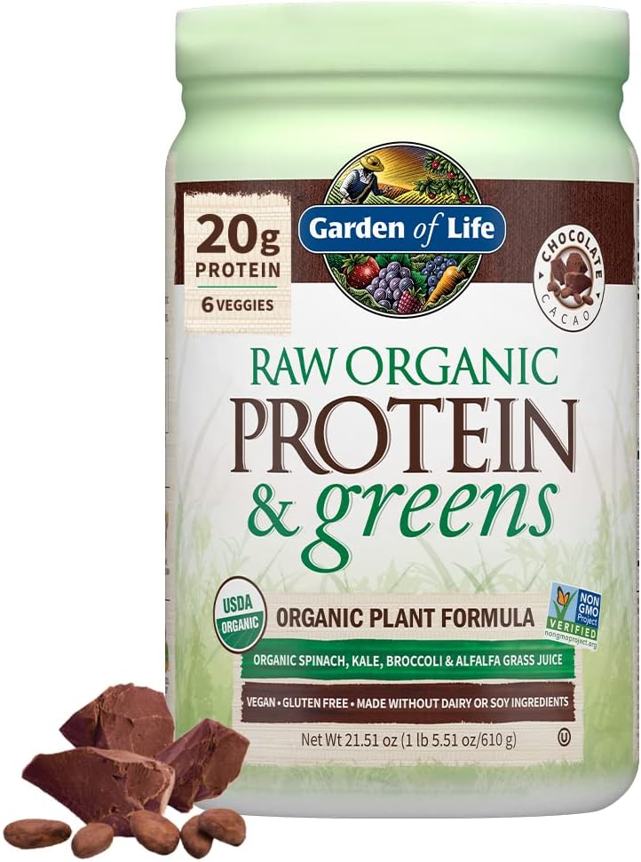 Organic Chocolate Protein Greens Powder, 22 oz - Vegan Meal Replacement Shake - Vanilla Pea Protein