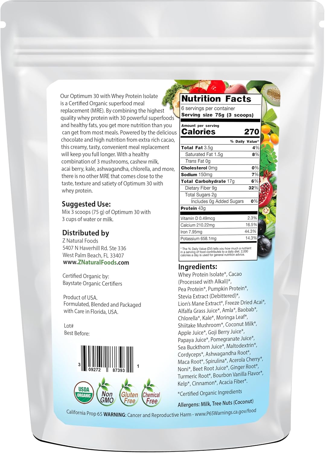 Organic Chocolate Whey Meal Replacement Powder by Z Natural Foods - Optimum 30 Formula